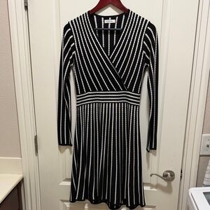Calvin Klein Black and White Striped Long-Sleeve Wrap Dress